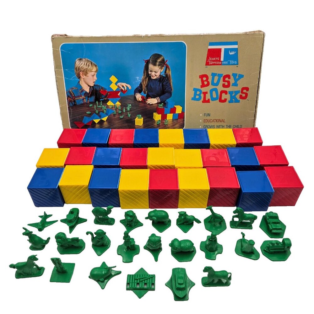 1970s Tupperware ABC Busy Blocks Missing I and R Green Figures Tupper Toys Box